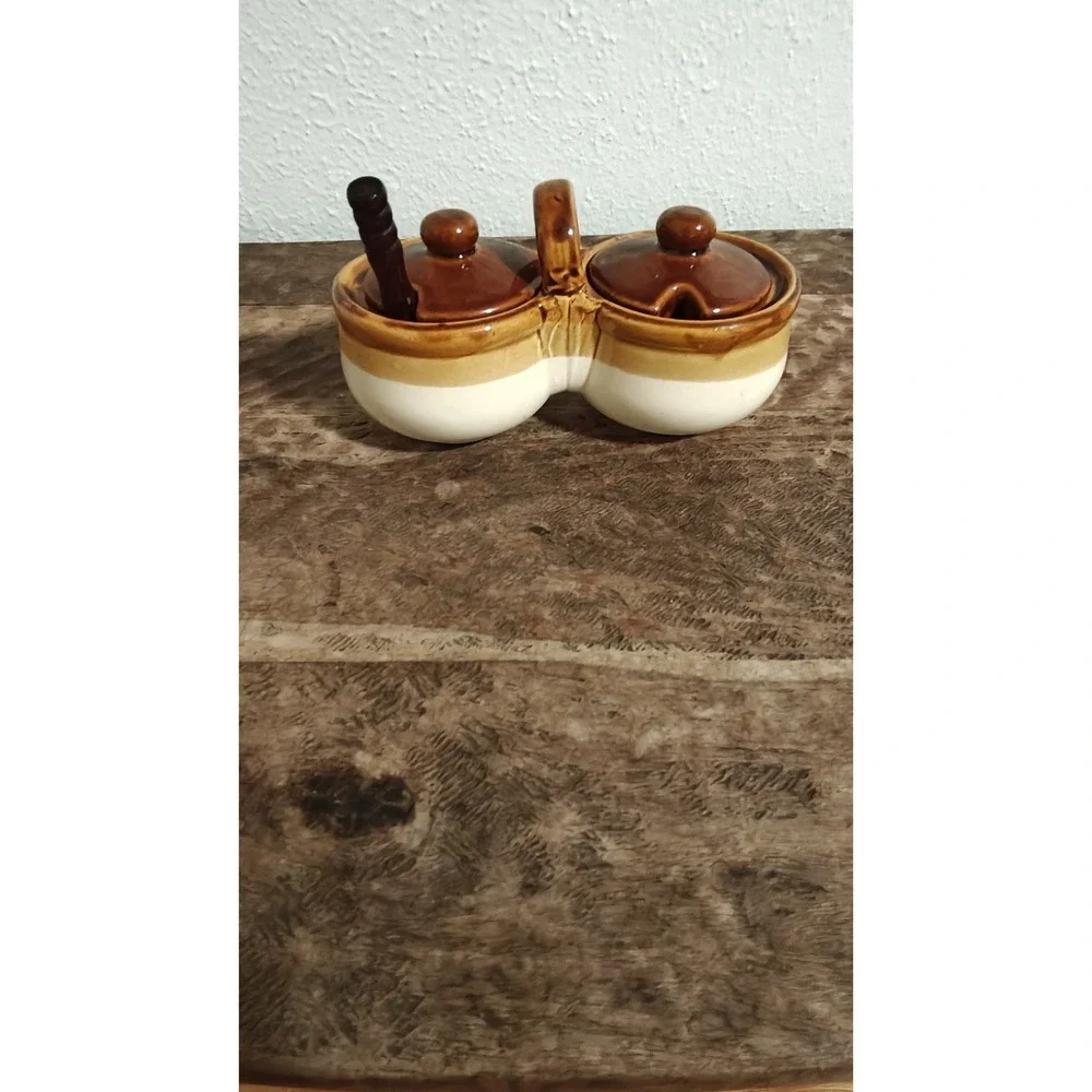 Vintage Pottery Stoneware Crock Relish Condiment Set With Lids & Original Spoons